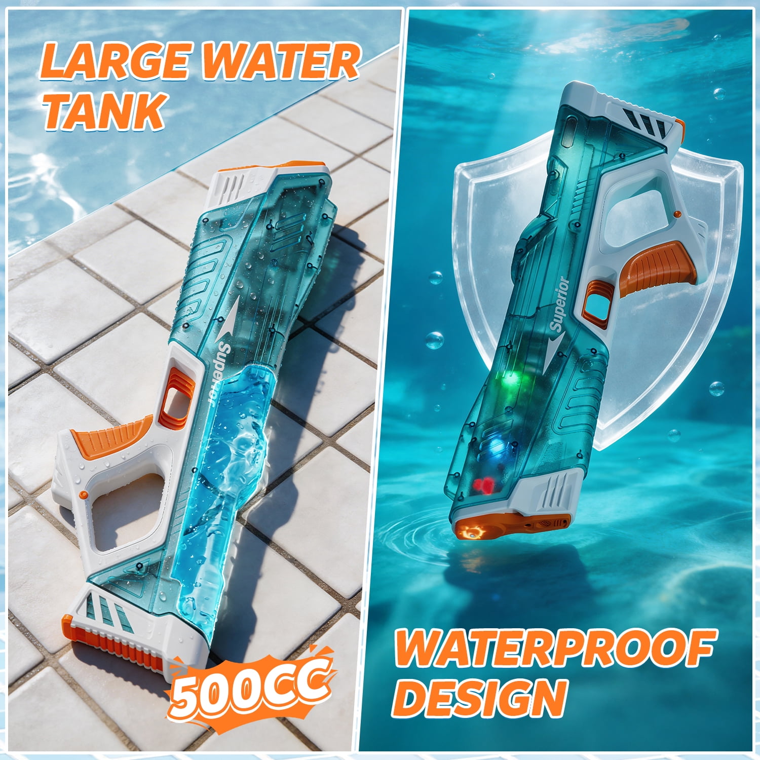 WonderStone Electric Water Blaster, Modular Battery Powered Automatic Waterproof Water Machine with Light, 32 Ft Long Range, Pool & Beach Outdoor Party Toy for Kids Ages 8–12, Cyan