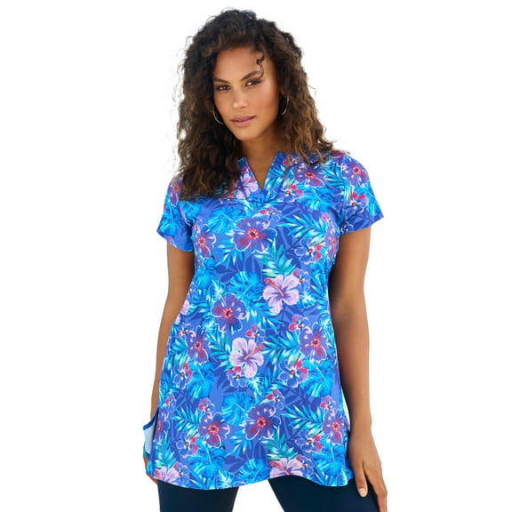 Swim 365 Women's Plus Size Longer Length Short-Sleeve Swim Tunic