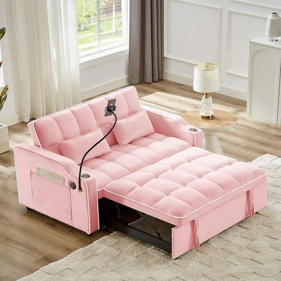 Dianfeng Foldable Sofa Bed with USB Charging Ports, Pull Out Velvet Loveseat Sleeper with Swivel Phone Holder, Modern Futon Couch with Cup Holders and Adjustable Backrest, for Living Room, Pink