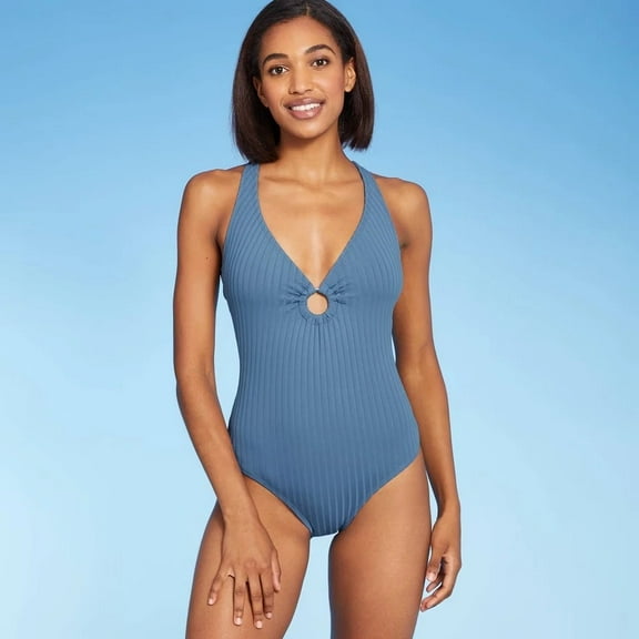 Women's Wide Ribbed Ring Medium Coverage One Piece Swimsuit - Kona Sol Slate M