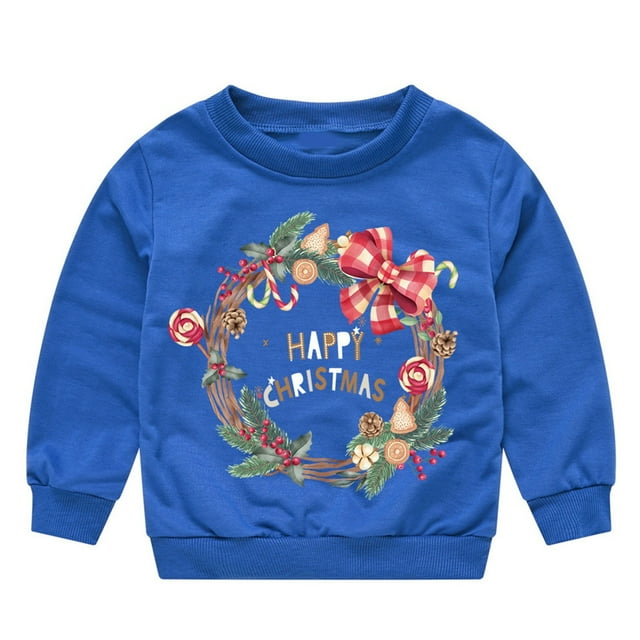 FYEGRE Sweat à Capuche de Noël pour Tout-Petits, Imprimé Lettre, Col Rond, Manches Longues, Bleu 1-2 Ans