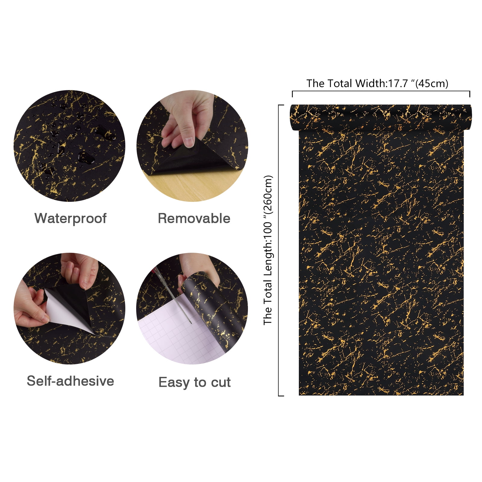 CHIHUT Matte Black Gold Marble Contact Paper for Countertops Peel and Stick Vinyl Wallpaper 17.7”x100”