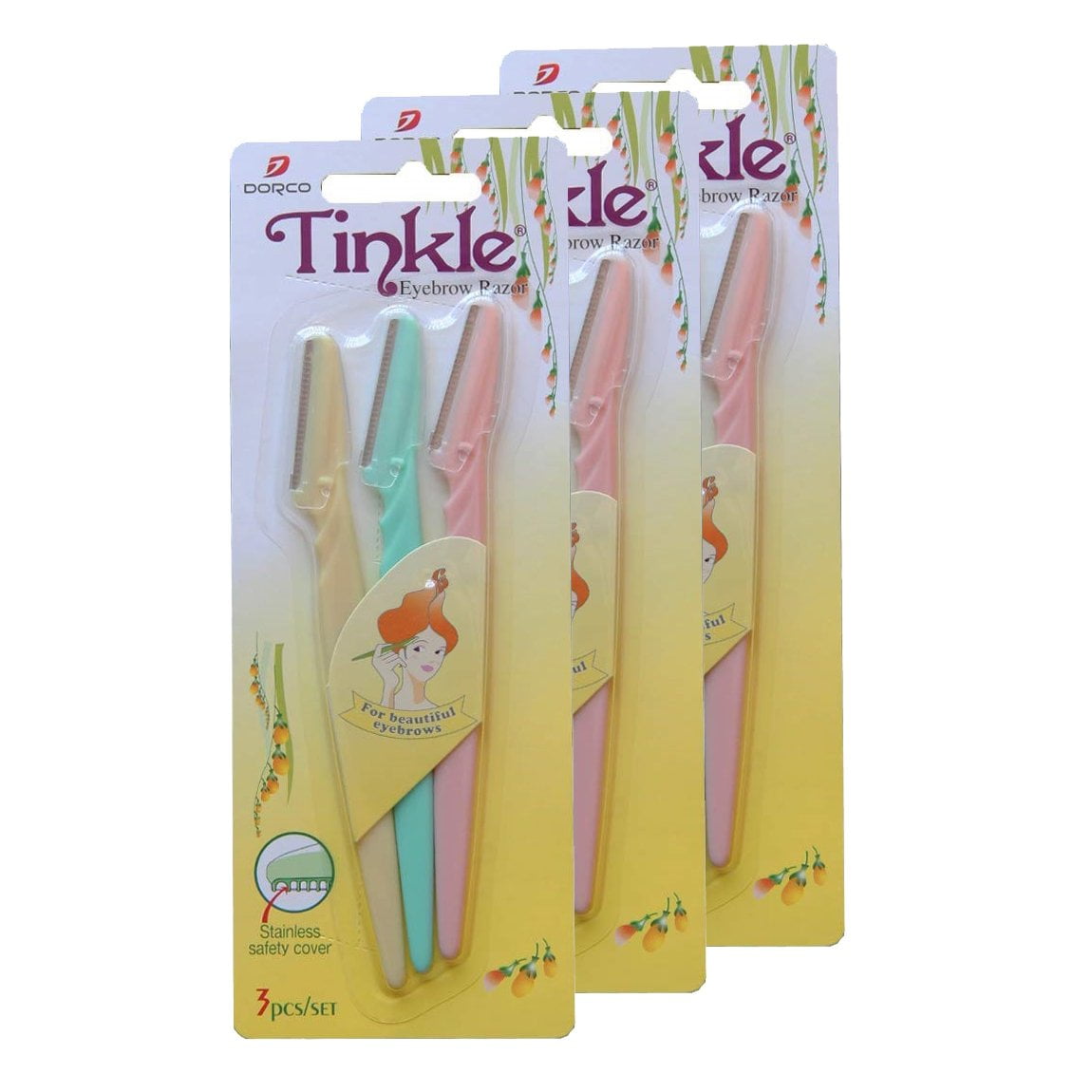 DORCO Tinkle Eyebrow Razor for Women Cheek Facial Hair Removers Trimmer 3 packs (9 Razors)
