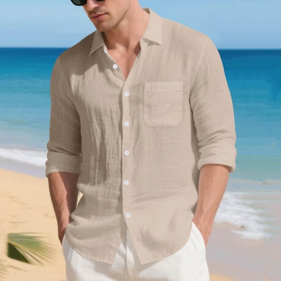 Men's Cotton Shirts Long Sleeve Button Down Shirt Collar Beach Summer Casual Shirts with Pocket
