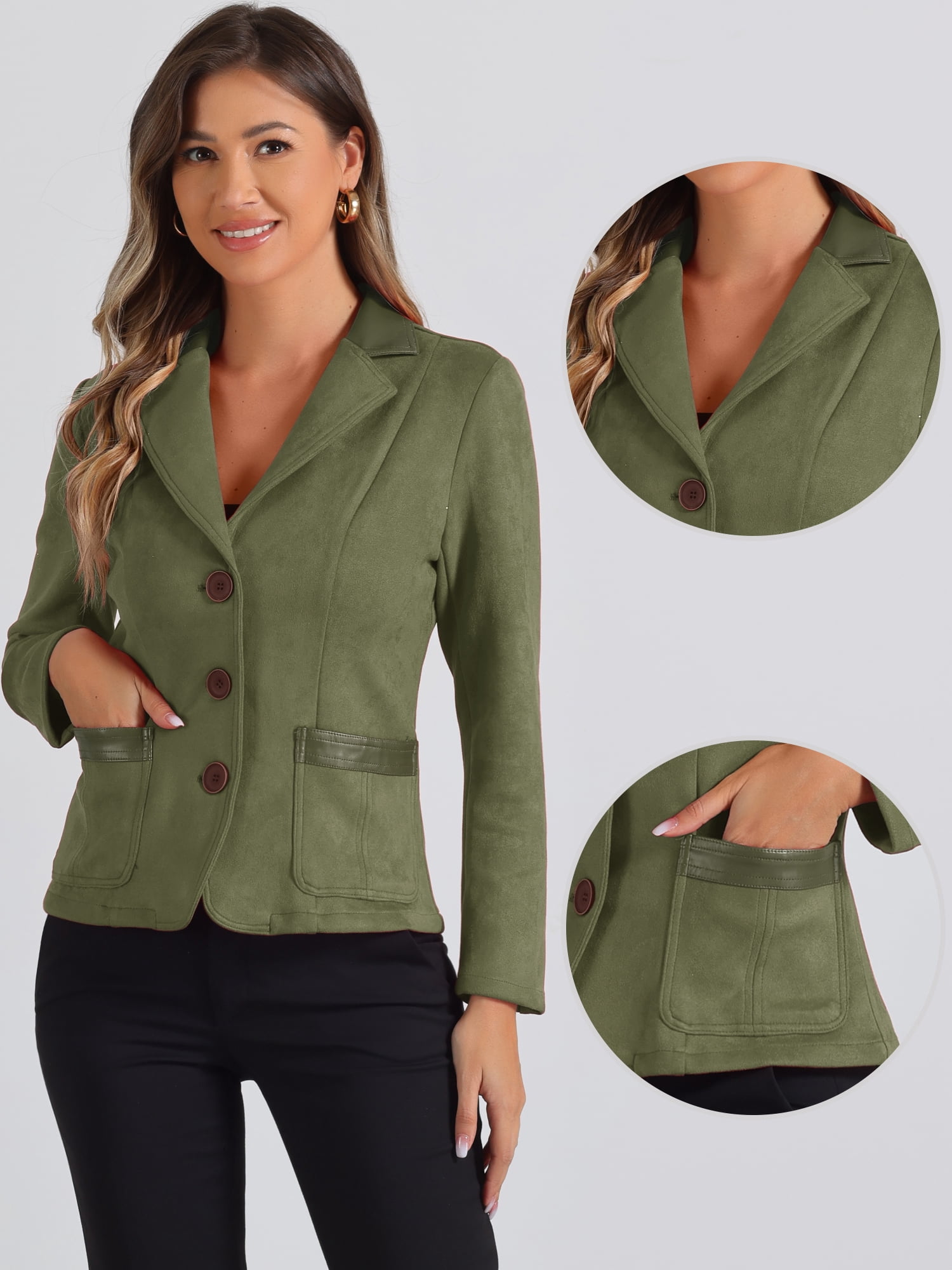 DARING DIVA Women's Faux Suede Lapel Collar Button Down Long Sleeve Blazer XS Army Green