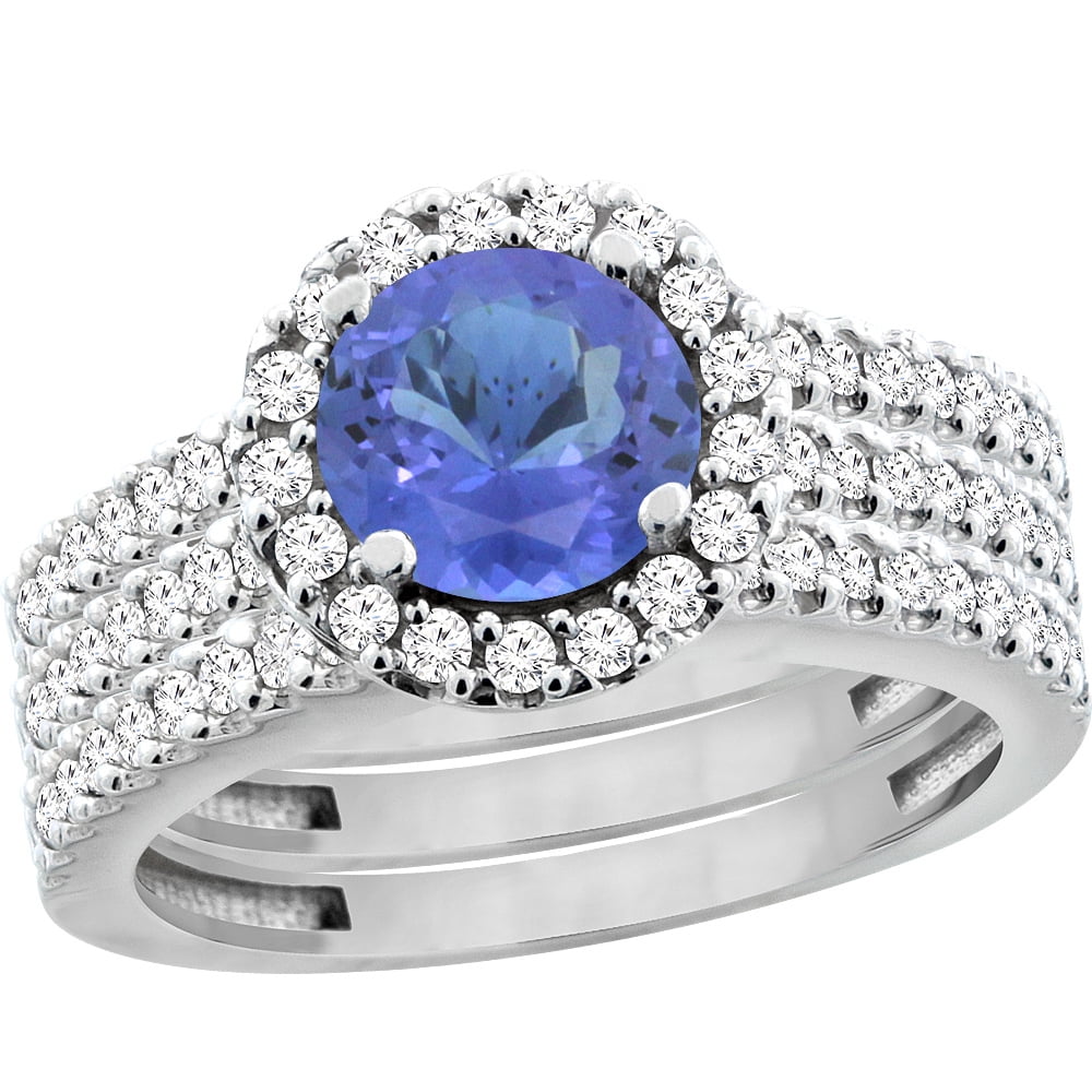 10K White Gold Natural Tanzanite 3-Piece Bridal Ring Set Round 6mm Halo Diamond, size 5 by Gabriella Gold