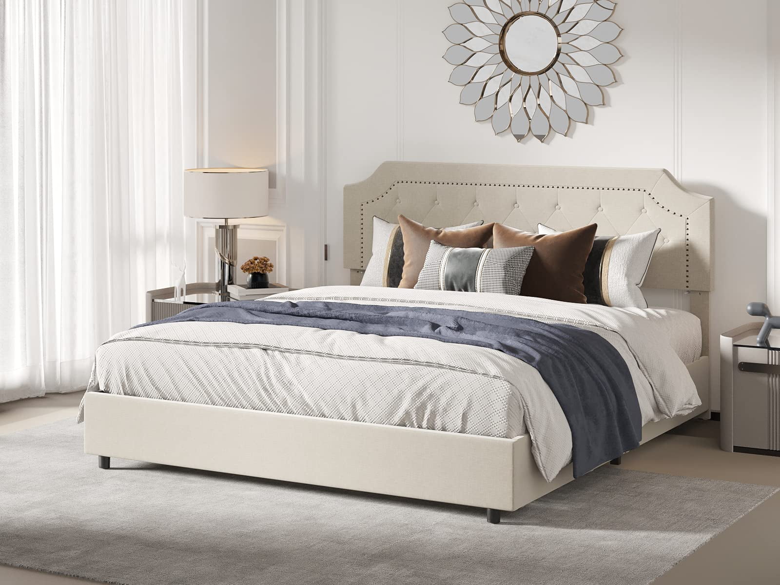 BONSOIR QUEEN Size Bed Frame Upholstered Low Profile Traditional Platform with Tufted and Nail Headboard/No Box Spring Needed/No Bed Skirt Needed/Linen Fabric Upholstery/Color of Sand