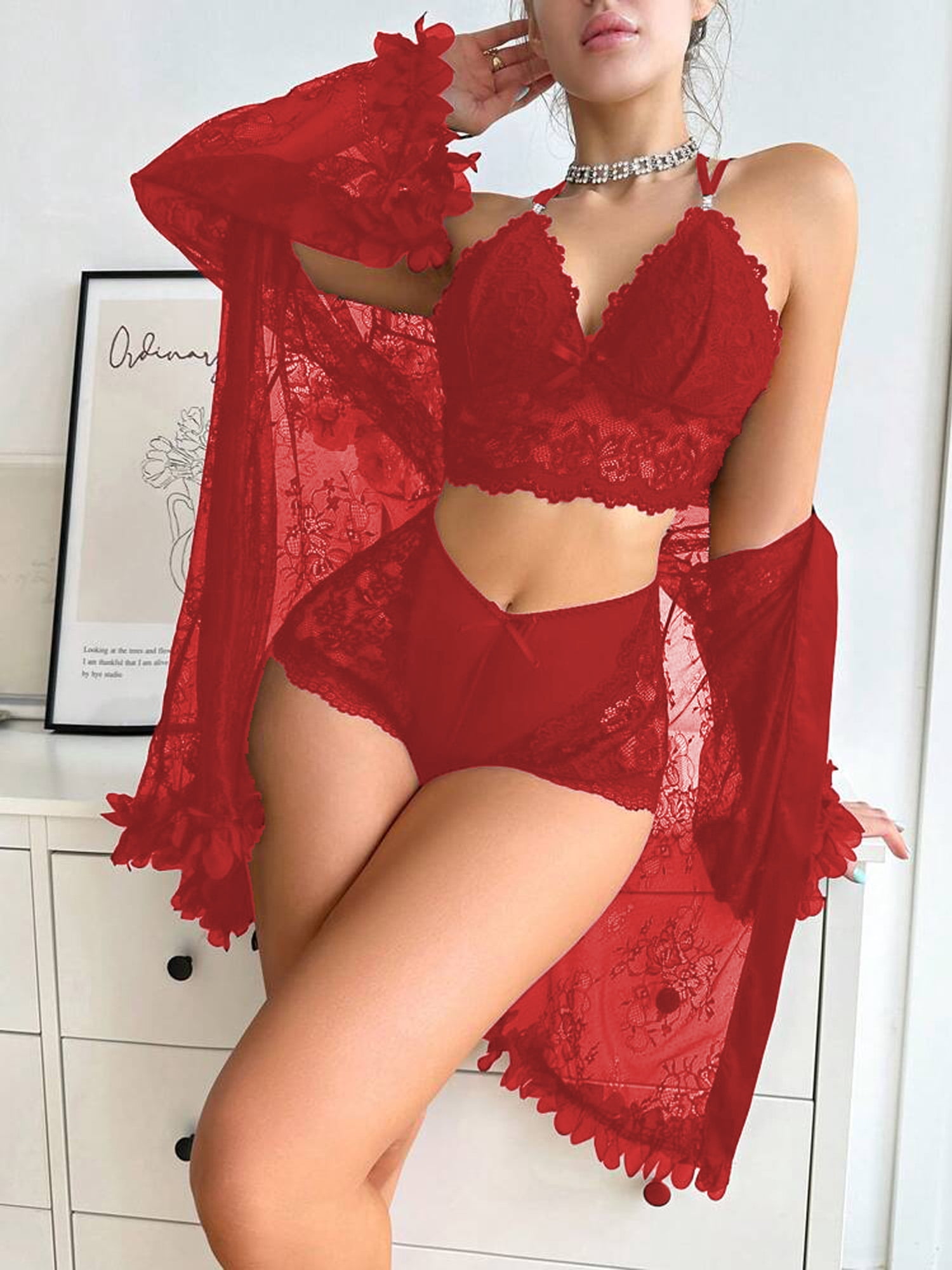 SHOWMALL Women Lingerie Sexy Babydoll Set Lace Chemise Nightgown, 3-Piece Lingerie with Robe Red L