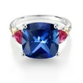 thumbnail image 2 of Gem Stone King 925 Silver and 10K Yellow Blue Created Sapphire and Red Created Ruby and Diamond Ring for Women (9.37 Cttw, 12MM Cushion and 5mm Trillion) (Size 6), 2 of 3