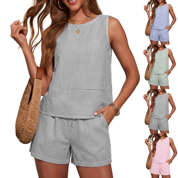 Laqbezok Women's 2-Piece Linen Cotton Set, Casual Sleeveless Striped Tank Top and Shorts with Pockets, Loose Fit Summer Beach Outfits Loungewear