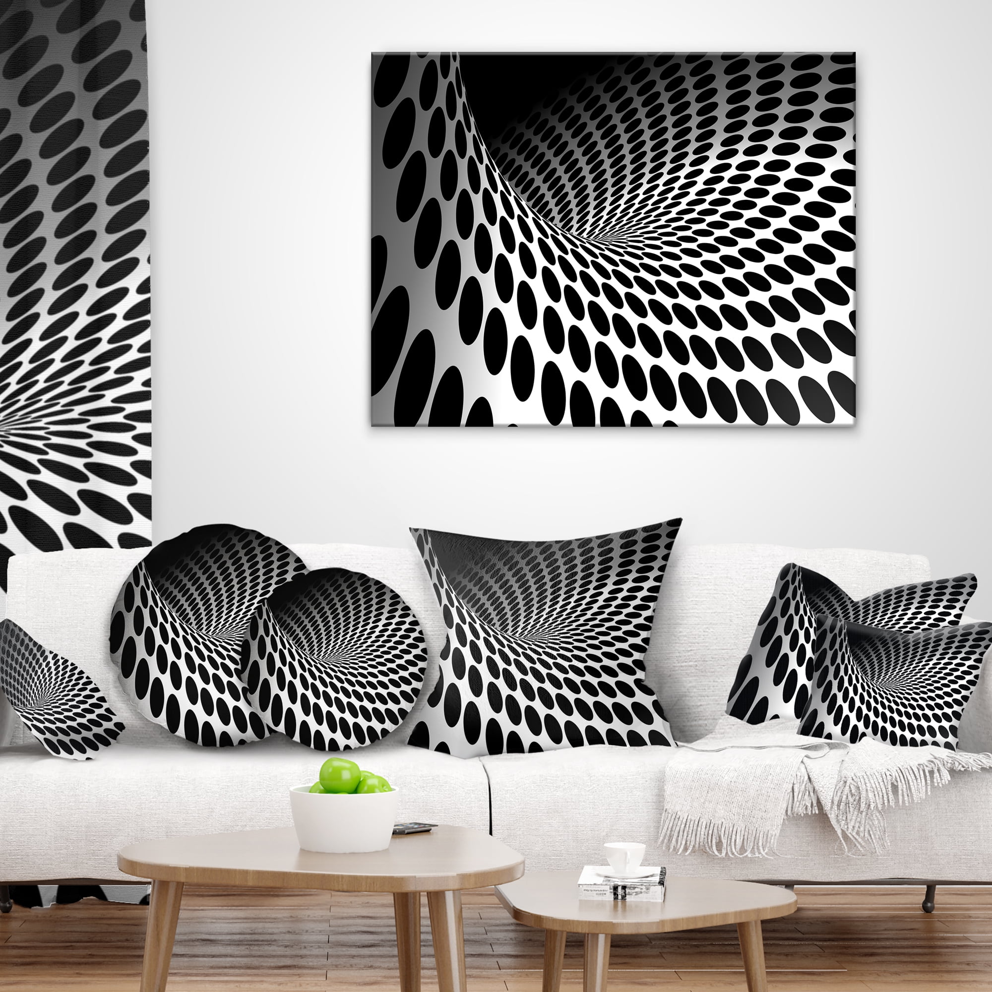 Designart Waves and Circles Black n’ White - Contemporary Throw Pillow - 12x20