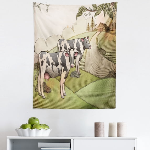 Farm Animal Tapestry, Vintage Agriculture Illustration of Dairy Cows at Countryside Livestock, Fabric Wall Hanging Decor for Bedroom Living Room Dorm, 5 Sizes, Multicolor, by Ambesonne