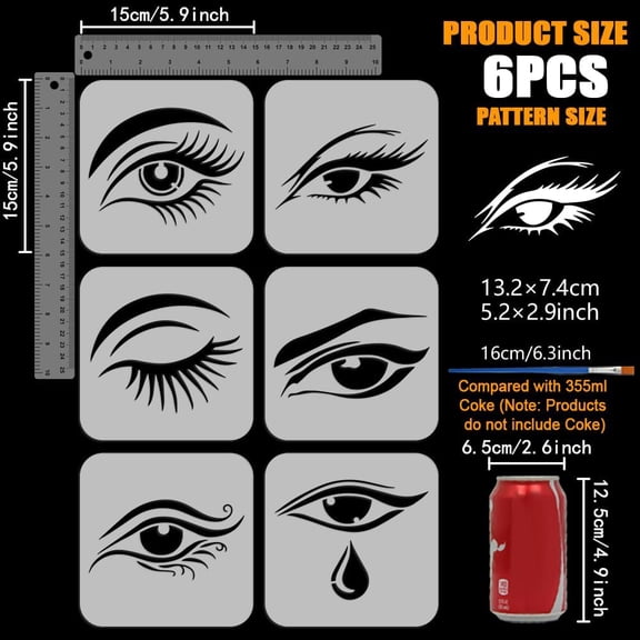 6Pcs Eyes Stencils with a Paint Brush 5.9x5.9Inch 6Styles Charming Eyes Painting Stencil PET Tears Decoration Template Character Themes Template for Wood Wall Floor Furniture Fabric