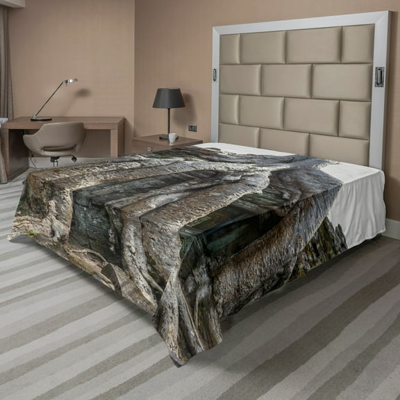 Ambesonne Tree Flat Sheet, Historic Landmark in Cambodia, Full Size, Dimgray Dark Taupe