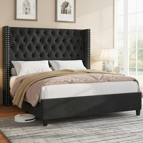 Amerlife King Bed Frame with Deep Button Tufted and Velvet Wingback Headboard,No Box Spring Needed,Black