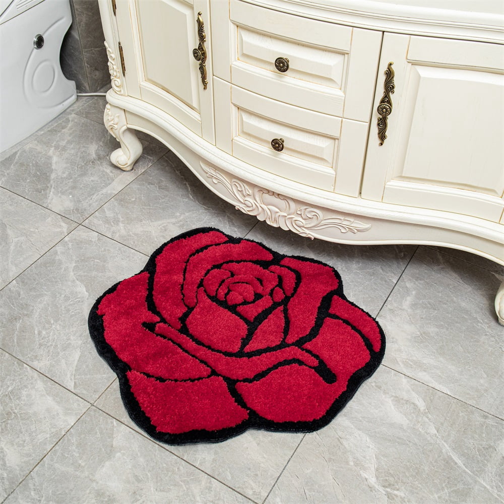 Red Rose Bath Mat for Bathroom Non Slip Flower Shaped Absorbent Bath Rug Fluffy Shower Rugs Washable Decor Floral Small Rug Doormats 23.6x25.5in