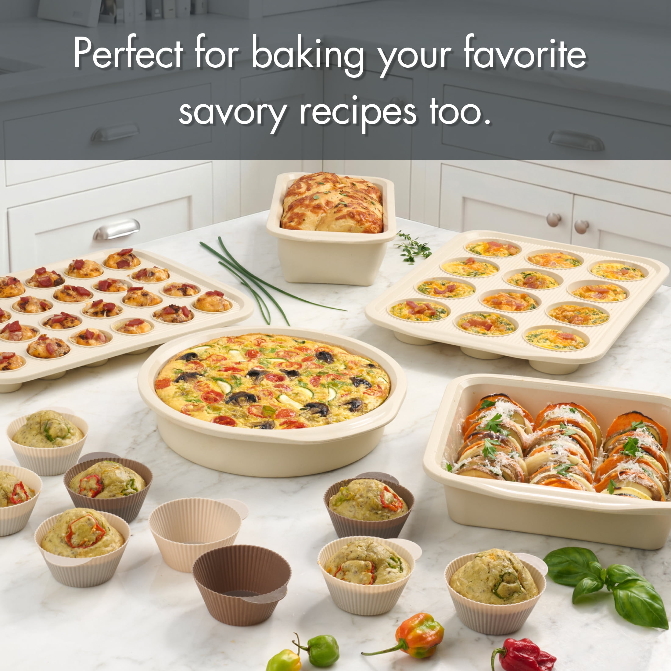 Mainstays 17-Piece Silicone Bakeware Set with Reinforced Steel Frame and Reusable Baking Cups, Papyrus Beige