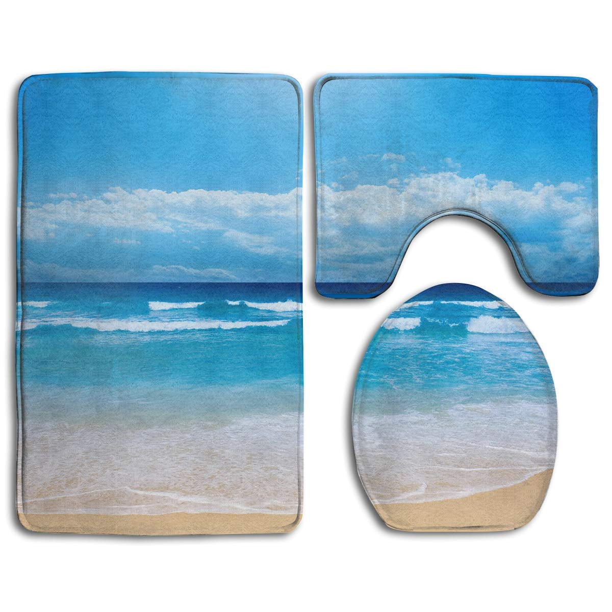 GOHAO Ocean Beach Blue Flannel Bath Rugs, 3' x 2' (3 Pieces)