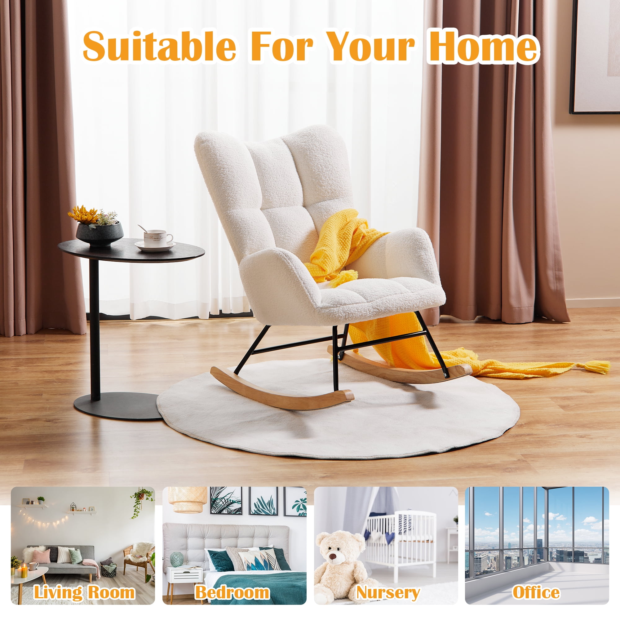 TrumanPick Rocking Chair Nursery Boucle Upholstered Accent Chairs Comfy Glider Rocker with High Backrest for Living Room,White