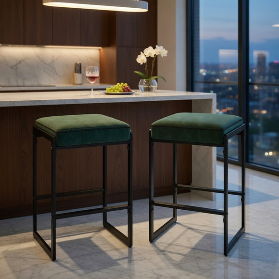 Resenkos 26 Inch Bar Stools Set of 2 , Counter Height Faux Leather Upholstered Chair for Kitchen Island, Green