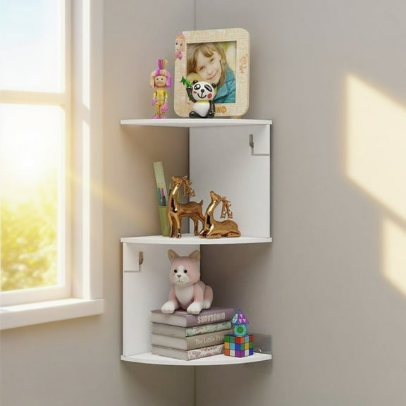 YOYTOO Corner Shelf Wall Mount, 3 Tier Floating Corner Storage Bookshelves for Living Room Bedroom, White