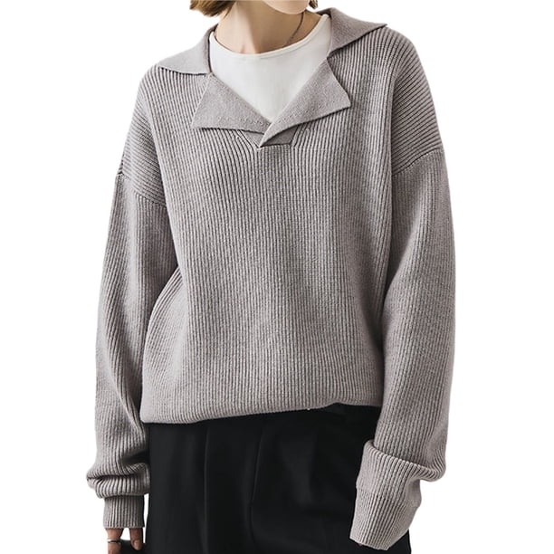 Suéteres de Punto Grueso con Cuello en V para Mujer, Estilo Casual, Cálidos y con Cuello. Gris S