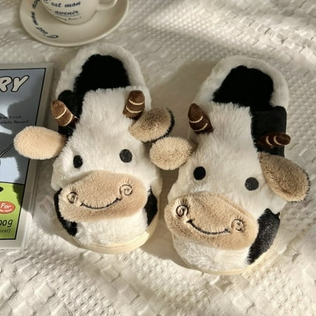 

PIKADINGNIS Soft Cute Cow Cotton Slippers Winter Students Home Non-Slip Slippers Winter Warm Couple Cartoon Milk Cow Fluffy Fur Slippers