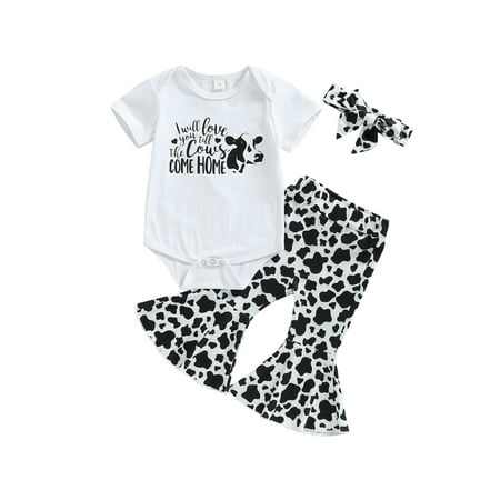 

Arvbitana Baby Girl Clothes Summer Outfit Short Sleeve Romper Top Cow Print Flared Pants Bottoms Headband 3Pcs Set