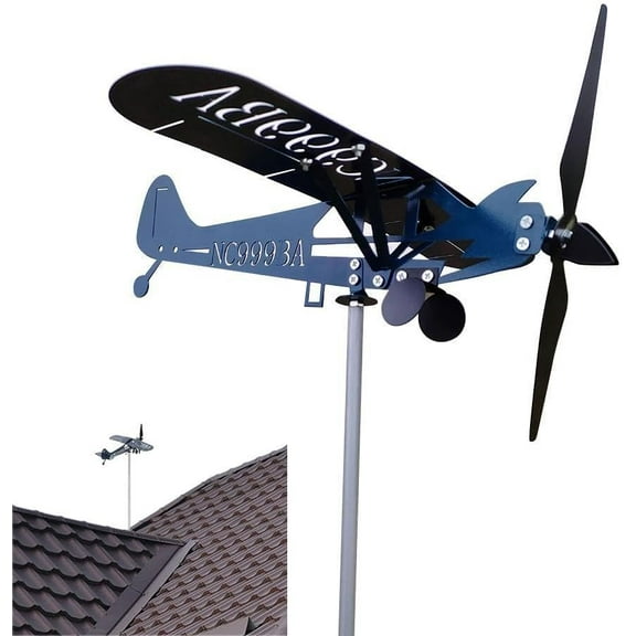 Airplane Windmill, Blue Airplane Design Weathervane Sculpture for Outdoor Courtyard Terrace and Garden Decoration(Q)