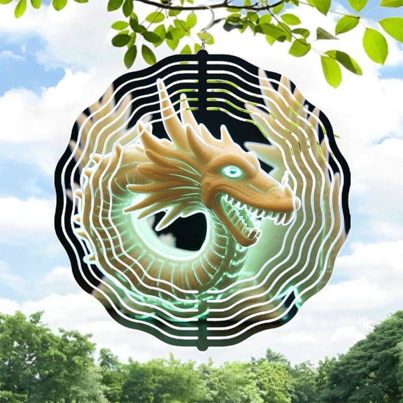 Stylized Dragon Metal Wind Spinner with Glowing Green Eyes - Dynamic Garden Decor for Yard Unique Motion Design Perfect for Outdoor Spaces
