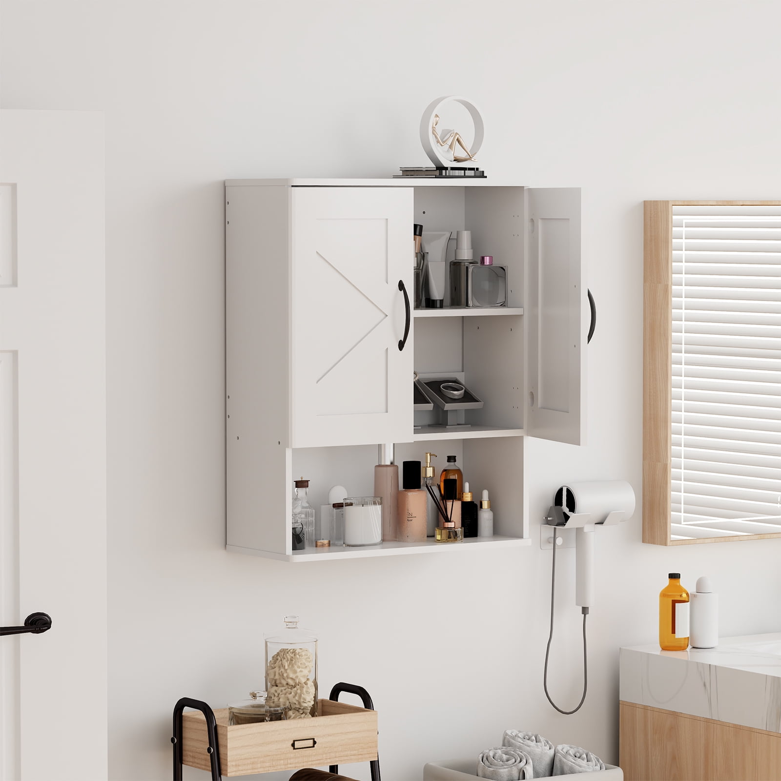 Medicine Cabinet with Adjustable Shelf and Doors ，Floating Wall Storage Cabinet for Bathroom, Over Toilet, Kitchen, and Living Room，White