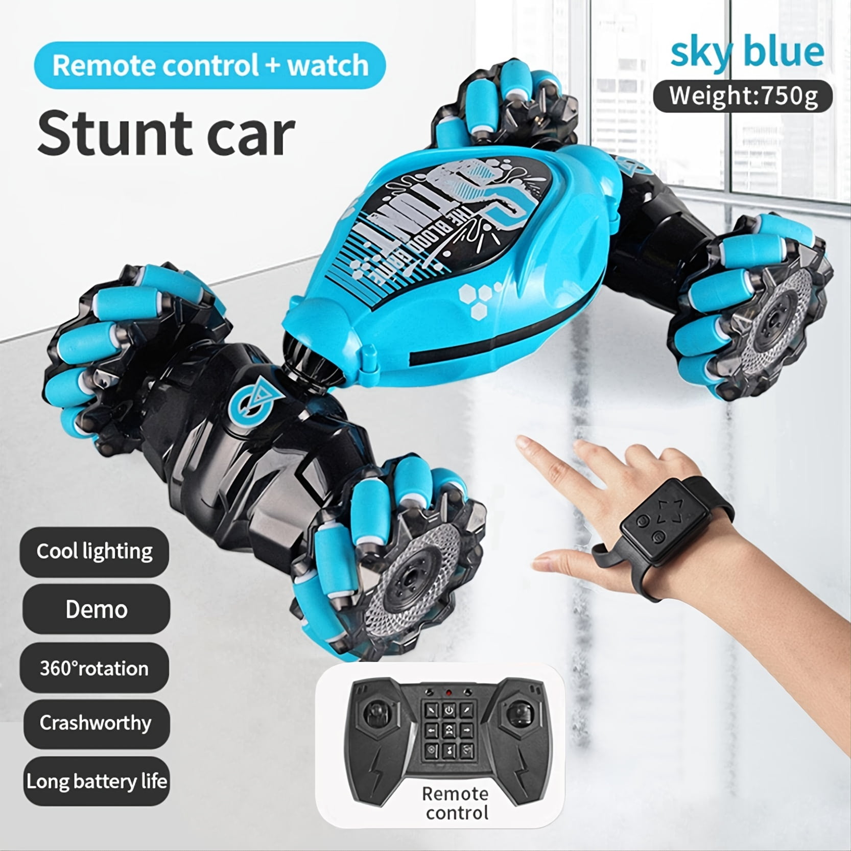 1:14 RC Stunt Car, 2.4GHz Gesture Sensing Remote Control Car ,360 Degree Rotation Deformable Four- wheel Drive Vehicle, can run flat and climb with Music and Light