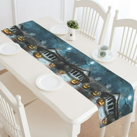 

MYPOP Halloween Scary Pumpkin Table Runner Home Decor 16x72 Inch Dark Rainy Night Old House Table Cloth Runner for Wedding Party Banquet Decoration