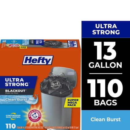 Hefty Ultra Strong 13 Gallon Trash Bags, Tall Kitchen Trash Bags, Blackout, Clean Burst Scent, 110 Bags