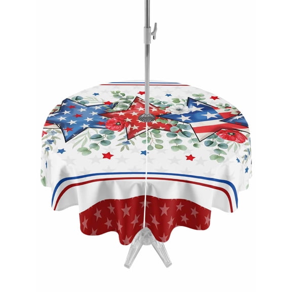 Round Outdoor Tablecloth With Umbrella Hole And Zipper– Red White Blue Patriotic Stars Waterproof Patio Table Cover for Party, Picnic, Backyard, 60" Dia. , Eucalyptus Leaves Poppy
