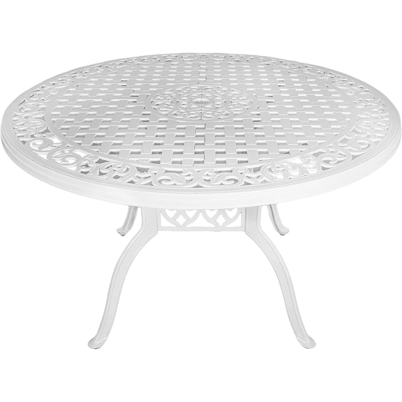 PATIO-IN 48 Inch Round Outdoor Dining Table, Powder-Coated Cast Aluminum Patio Table with Umbrella Hole, White, for 4-6 People