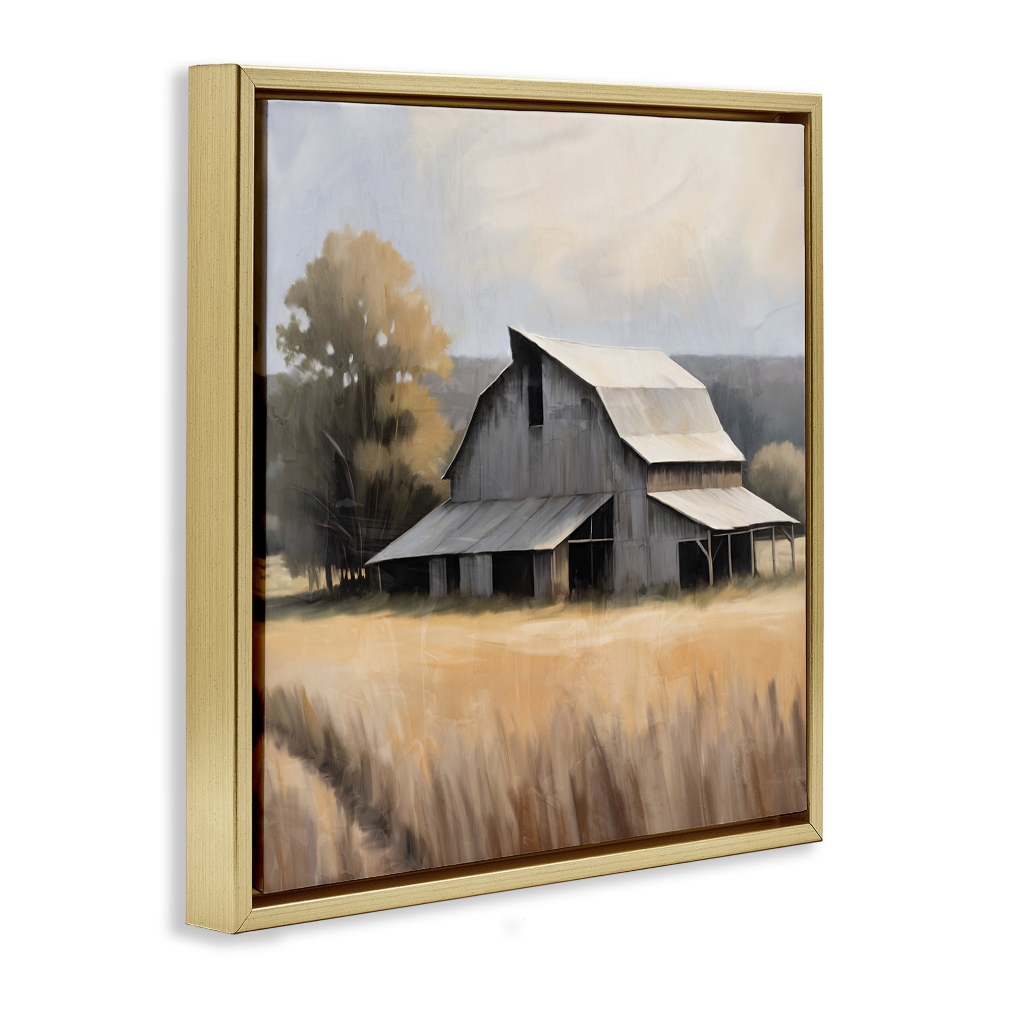 Stupell Industries Peaceful Barn in Field Landscape Painting Gold Floater Framed Canvas Art Print Wall Art, 18 x 18