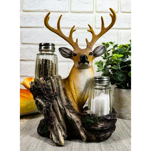 Ebros Rustic Woodlands Wild Deer Big Buck Bust Salt & Pepper Shakers Holder