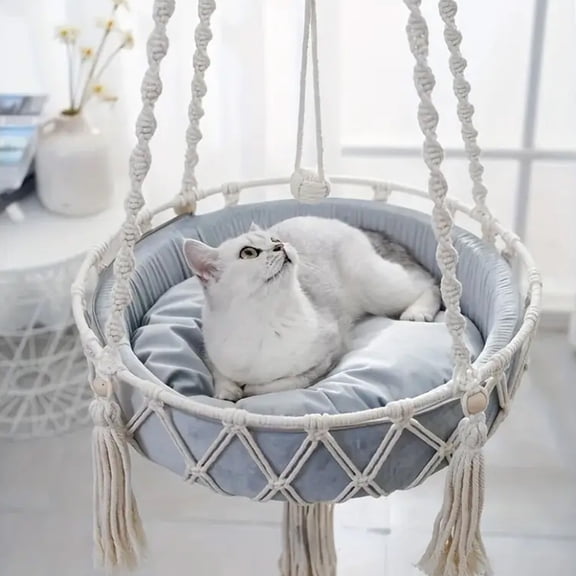 Hand Woven Macramé Cat Hammock with Hardware Kit, Boho Hanging Cat Bed with Tassel Decor, Elevated Kitty Swing Basket for Indoor Decor
