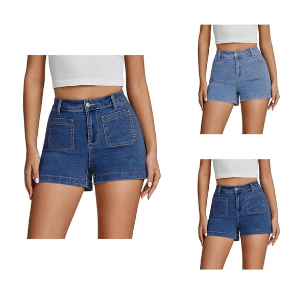 Jean Shorts Womens Summer Casual Classic Blue Hight Waisted Straight Leg Stretchy Denim Shorts with Pockets
