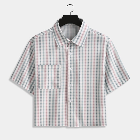COSFO Short Sleeve Mens Button Up Shirt Cropped Summer Plaid Tops Collared with Pocket Men Shirts