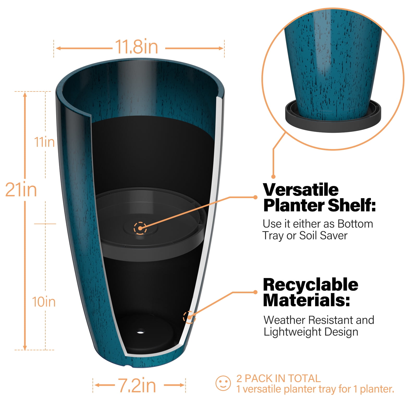 FIASON 2 Pack 21 Inch Dark Teal Blue Gradient Tall Plastic Planters, 10mm Thick Glossy Speckled Finish with Drainage Holes & 2-in-1 Saucer, Indoor Outdoor Planters for Front Porch Patio
