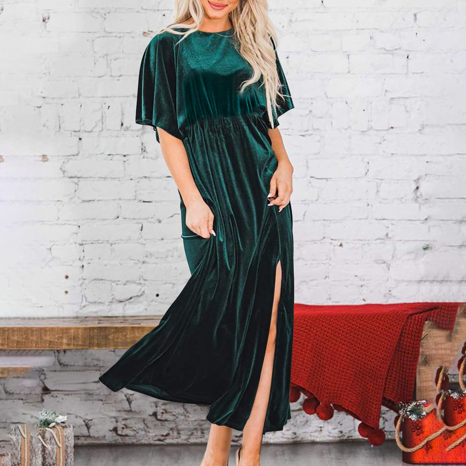 Women's Velvet Dresses Round Neck Bell Sleeve T-Shirt Dress High Split Elastic Waist Solid Dressy Dress Cocktail Party Wedding Midi Dress Green,S