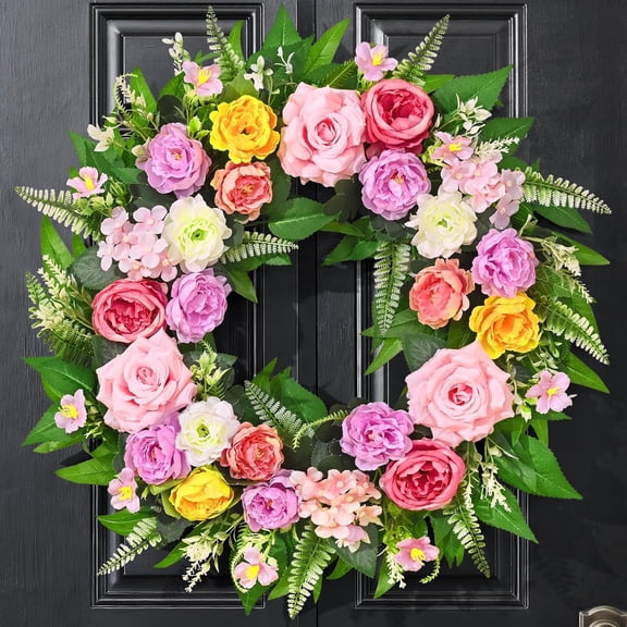 Yastouay 24 Inch Spring Wreath for Front Door, Summer Wreath With Artificial Hydrangeas and Peony for Farmhouse Decor