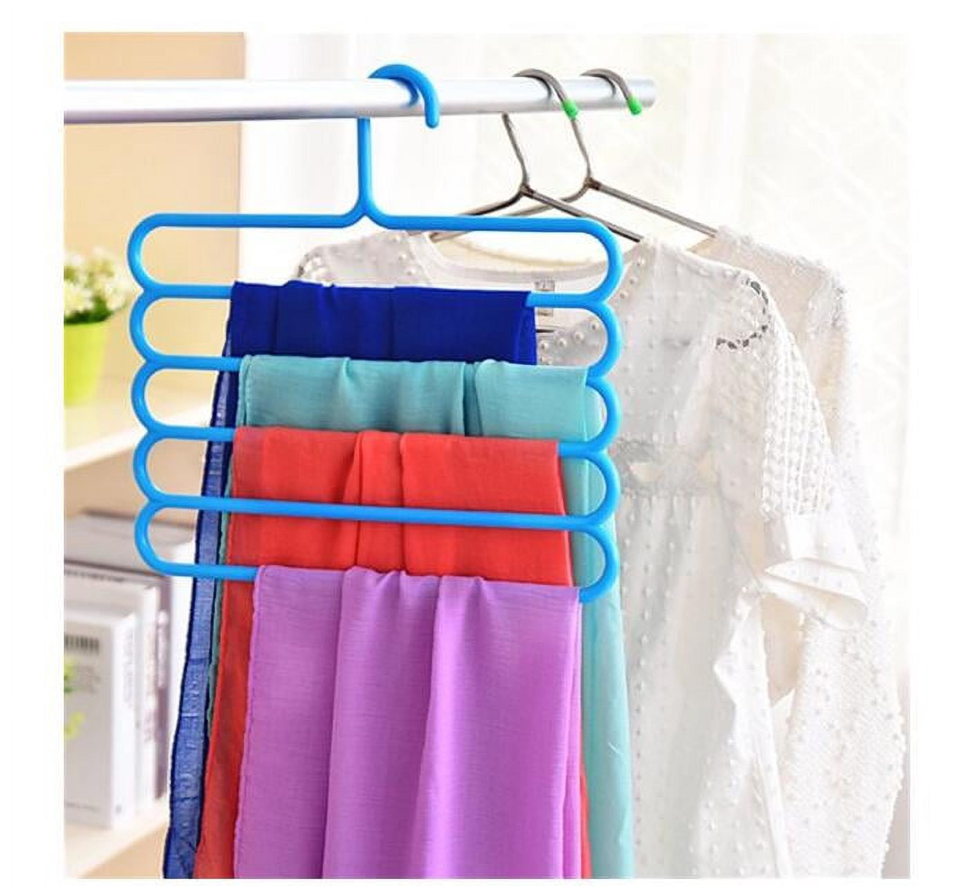 Slip Free 5 Layers Closet Pants Organizer, Multifunctional Space Saving Cloth Hanger,Plastic Non-Slip Space Saving Clothes Slack Hangers for Clothes Trousers Scarfs Ties (4 Pack, Random Color)