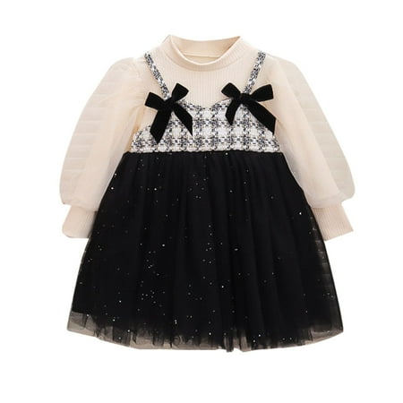 

NIUREDLTD Spring New Bow Fashion Girls Round Neck Long Sleeve Mesh Dress Size 80