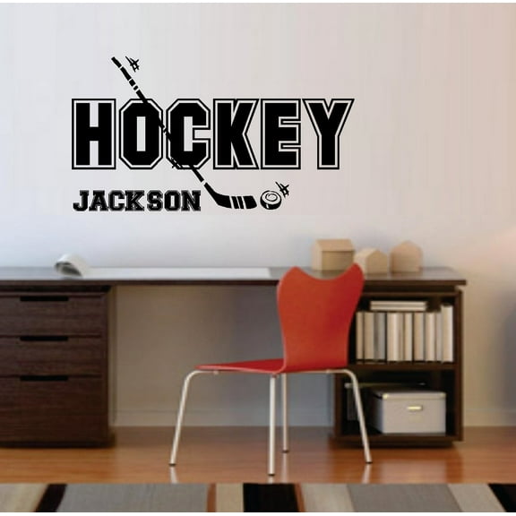 Decal ~ HOCKEY with Puck ( Custom Name ) Wall Decal 13" x 24" (Black)