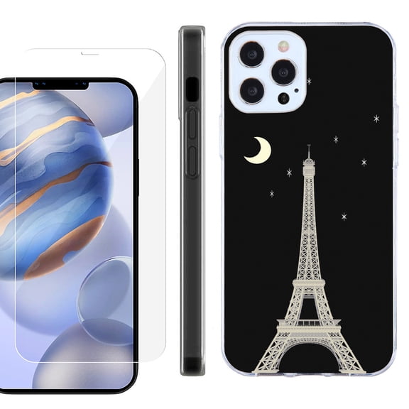 Slim Fit Protective Phone Case for Apple iPhone 12 / iPhone 12 Pro, with Tempered Glass Screen Protector, by OneToughShield ® - Eiffel Tower Moon