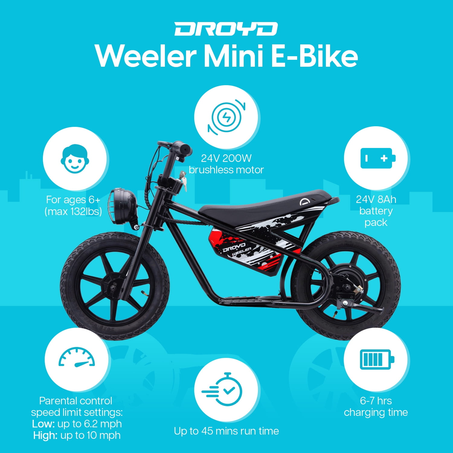 Droyd Weeler Electric Mini Bike for Kids 6-12 - 24V 8Ah Battery, 6-10 MPH, Up to 8 Miles, LED Lights