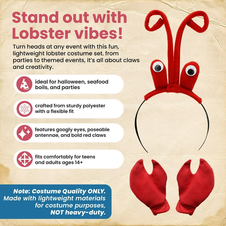 Nicky Bigs Novelties - Lobster Headband with Eyeballs, Adult Crab Costume Women and Men, Crawfish Headband and Claws, Crab Gloves Crawfish Hat Lobster Halloween Costume Set Red, One Size